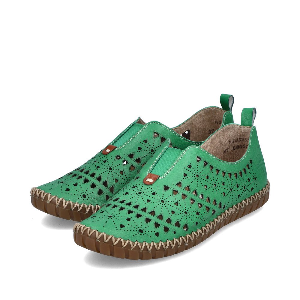 Forest green Rieker women´s slippers M2852-52 with an elastic insert. Shoes laterally.