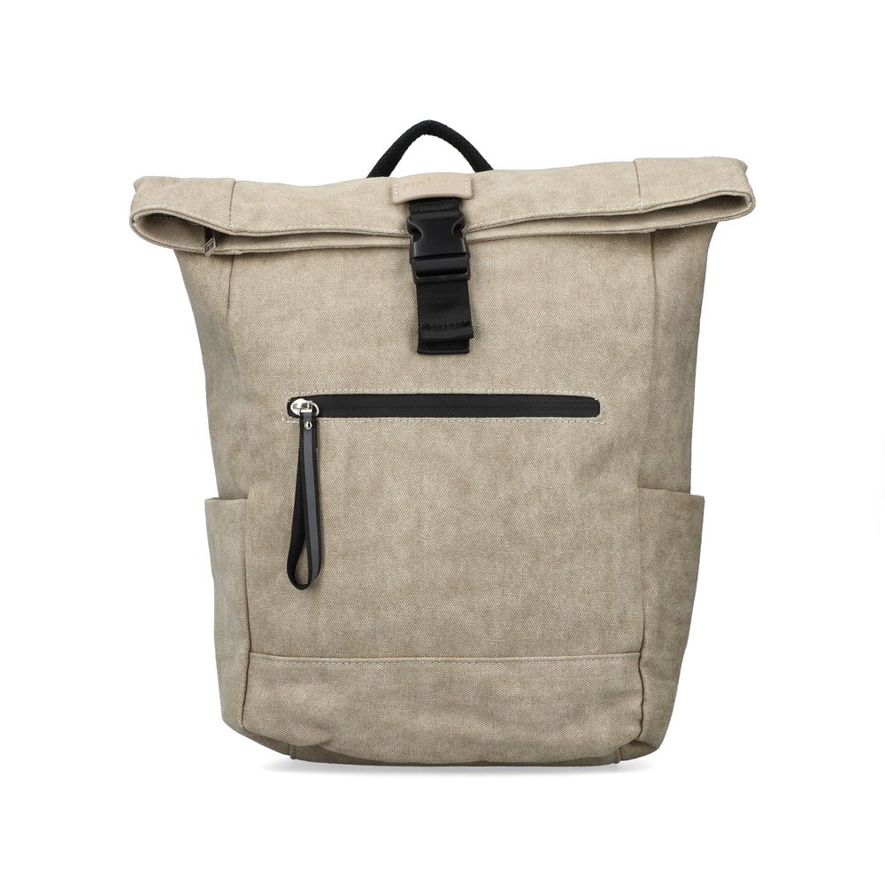 Rieker backpack H1607-60 in beige with practical roll-top, zipper and buckle as well as breathable back padding. Front.