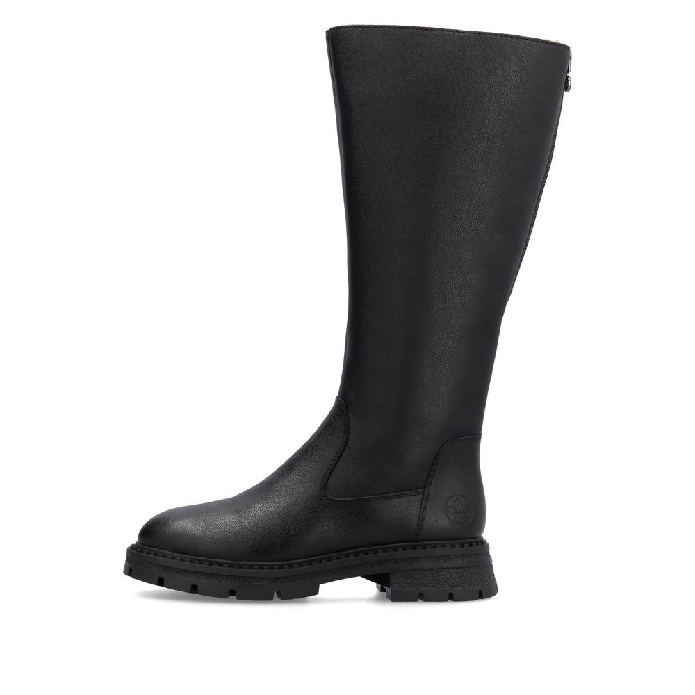 Black Rieker women´s high boots Z9856-00 with a zipper as well as removable insole. Outside of the shoe.