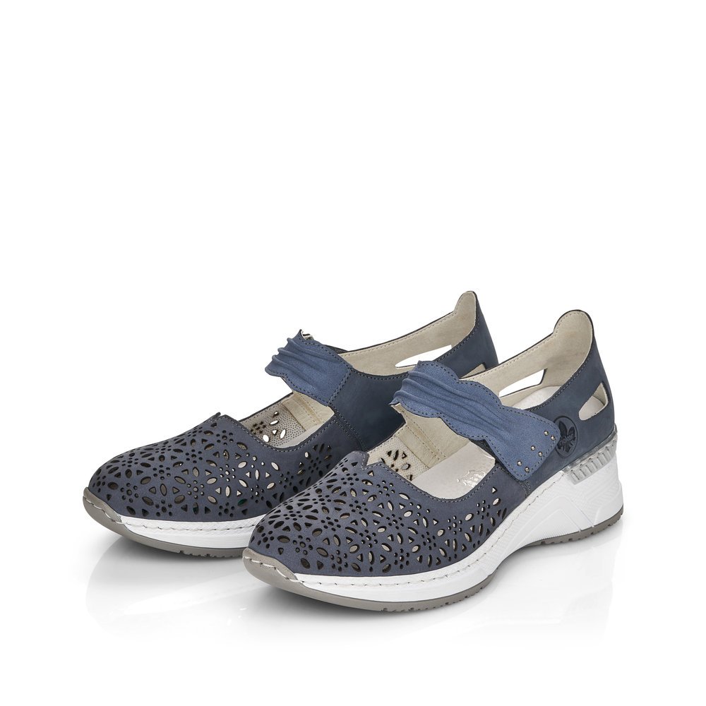 Blue Rieker women´s ballerinas N4367-14 with a hook and loop fastener. Shoes laterally.