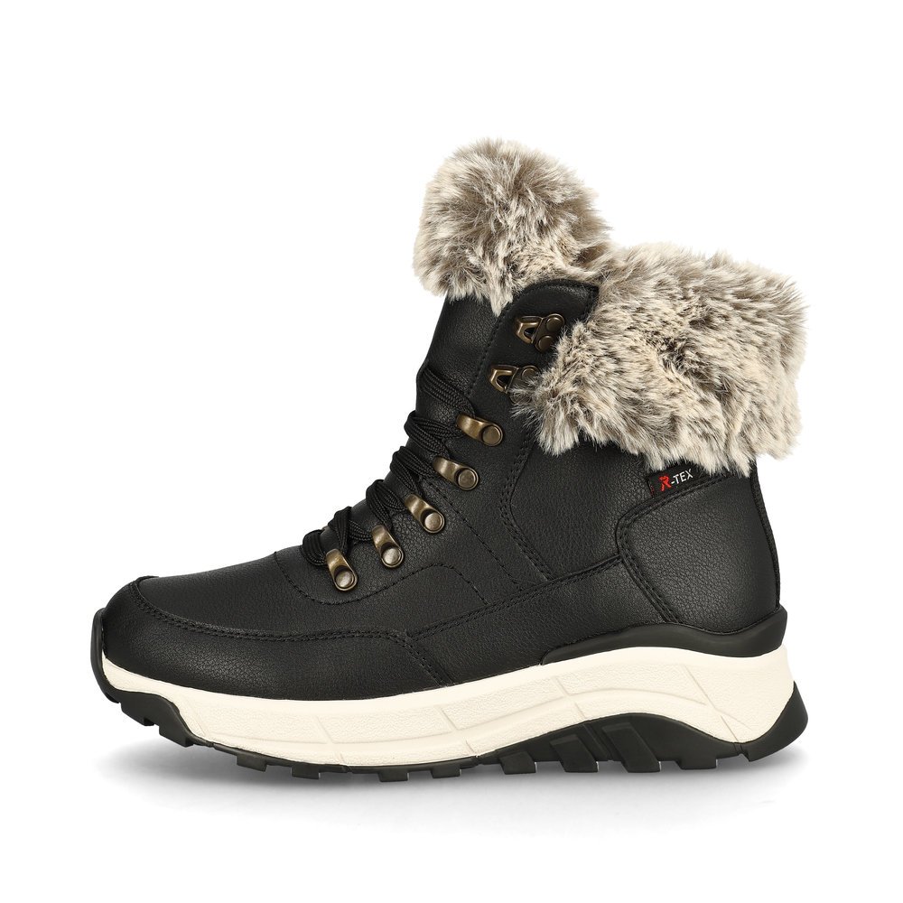 Black Rieker women´s lace-up boots W0063-00 with RiekerTEX technology. Outside of the shoe.