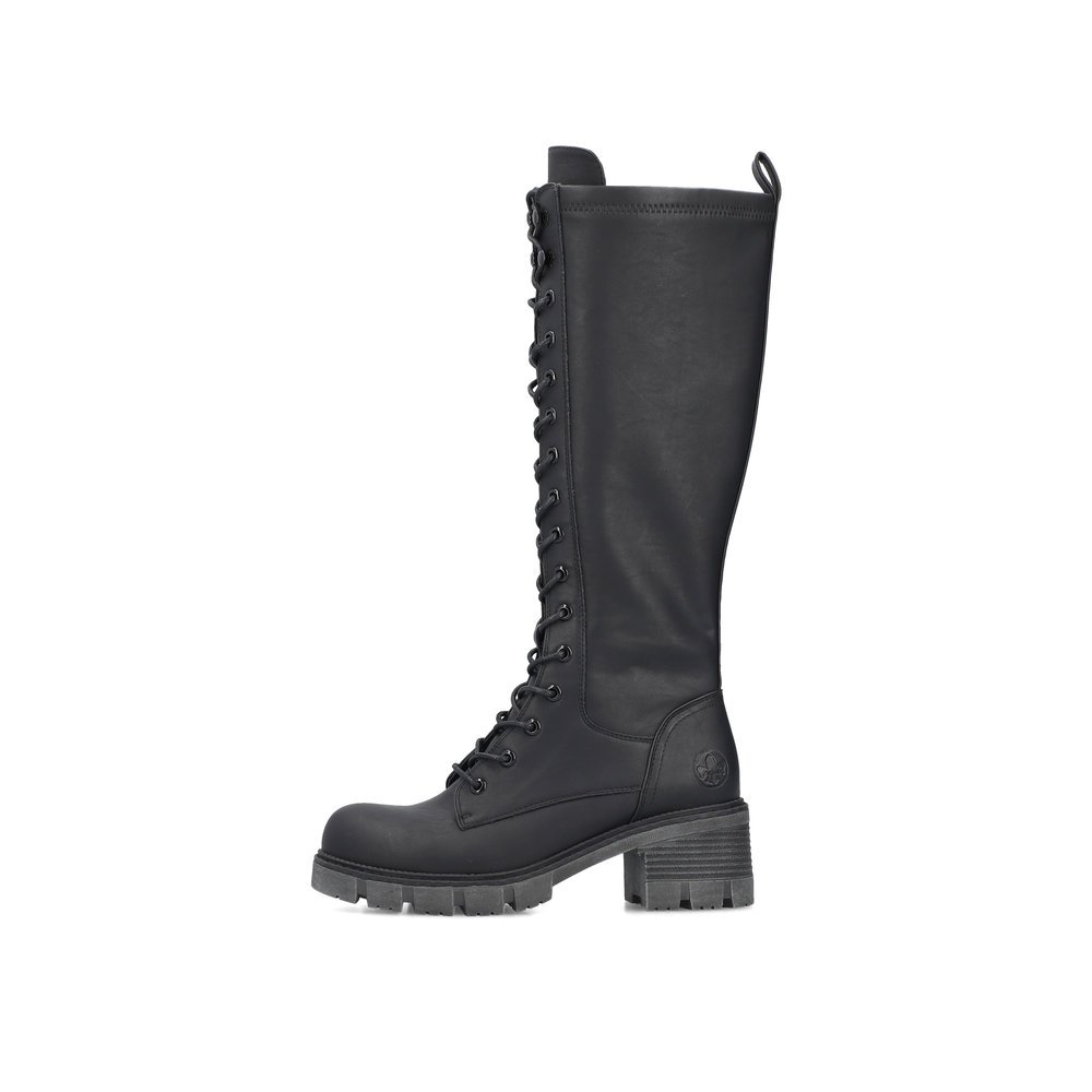 Night black Rieker women´s high boots 92044-00 with a zipper. Outside of the shoe.