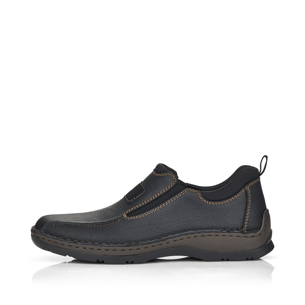 Black Rieker men´s slippers 05363-00 with elastic insert as well as extra width H. Outside of the shoe.