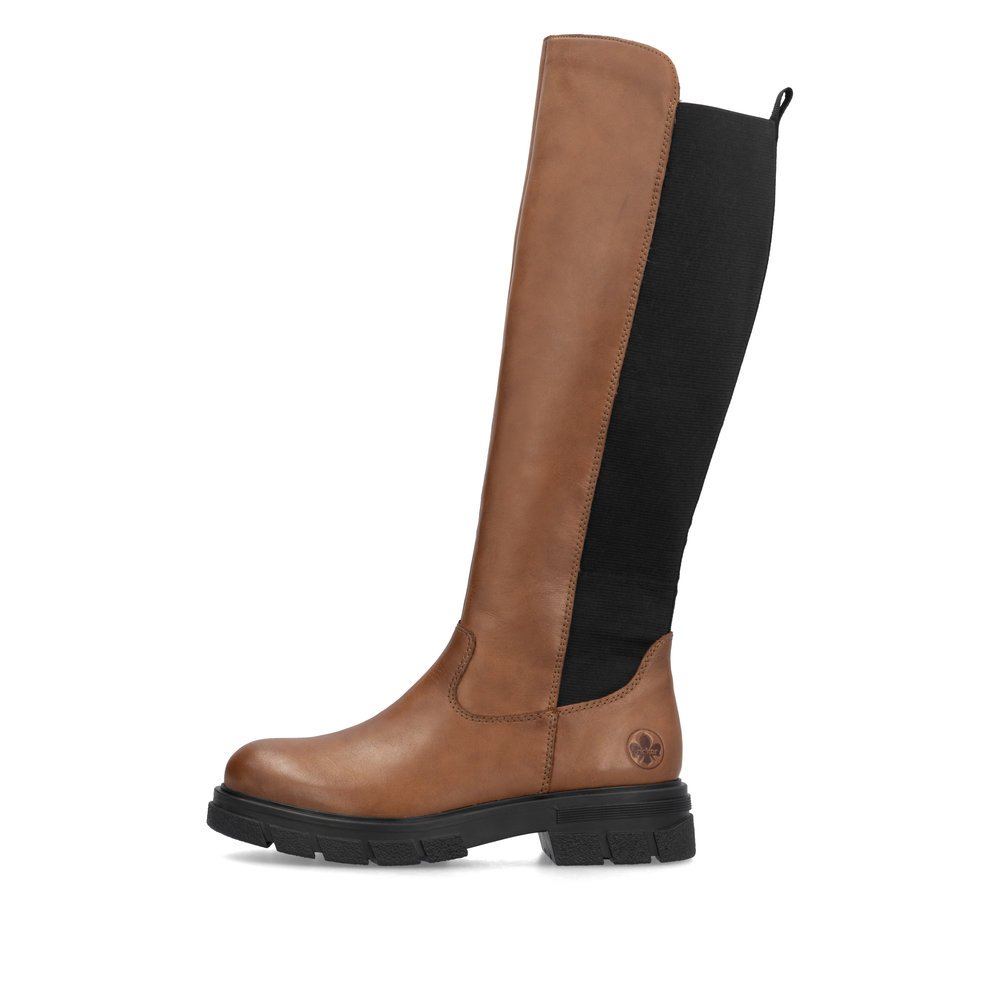 Caramel brown Rieker women´s high boots Z9158-22 with a zipper. Outside of the shoe.