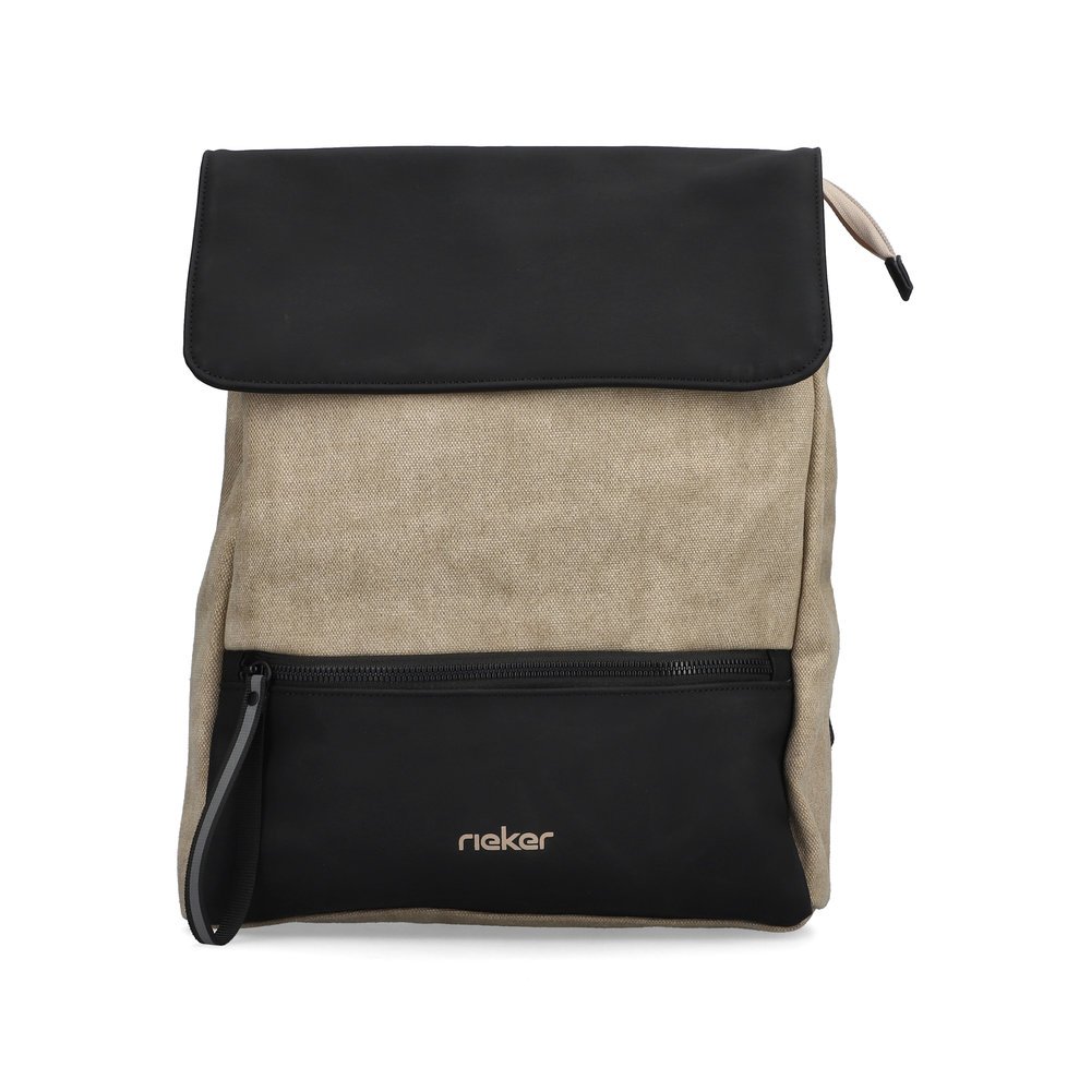 Rieker backpack H1546-60 in beige-black with zipper and magnetic closure, breathable back padding and a 12" laptop pocket. Front.