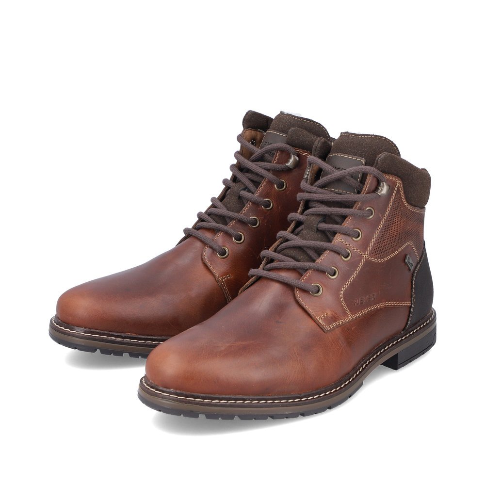 Brown Rieker men´s lace-up boots 13740-24 with RiekerTEX membrane as well as zipper. Shoes laterally.