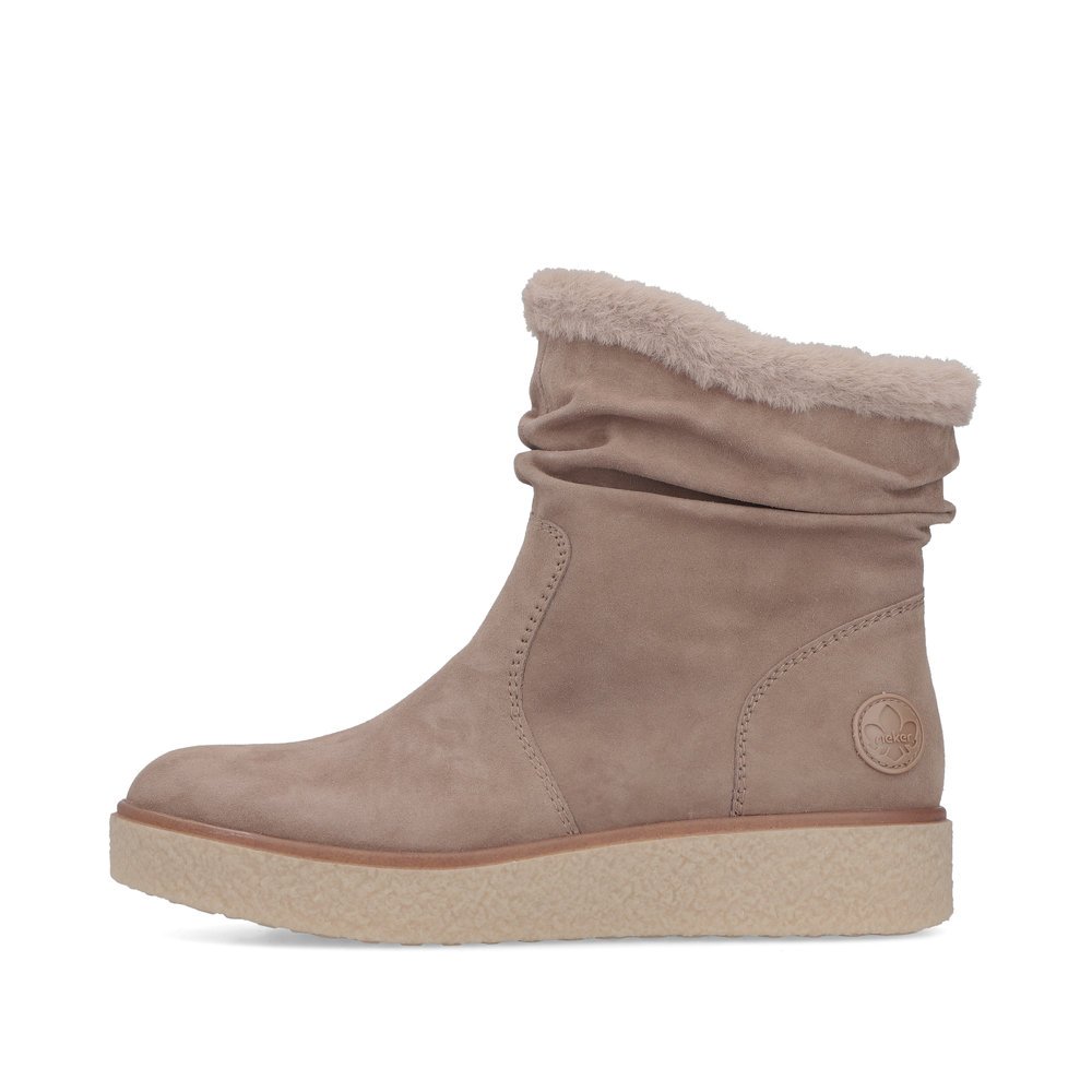 Brown Rieker women´s ankle boots Y0070-24 with a gathered look as well as a zipper. Outside of the shoe.