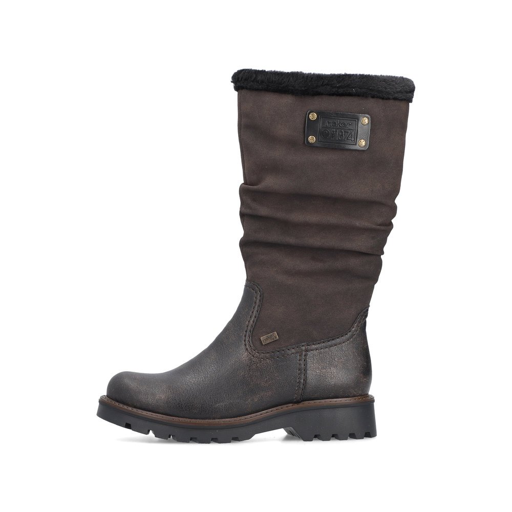 Wood brown Rieker women´s high boots 73291-25 with RiekerTEX technology. Outside of the shoe.