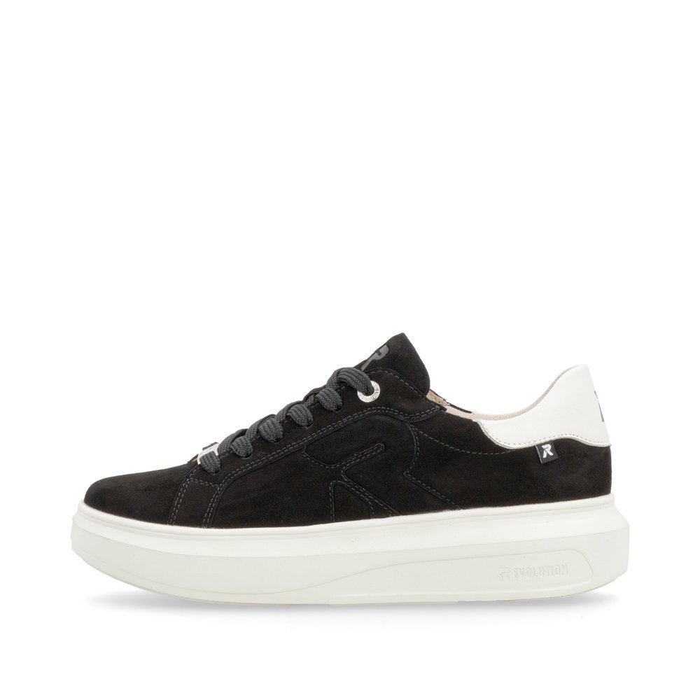 Black Rieker women´s low-top sneakers W1204-00 with an ultra light platform sole. Outside of the shoe.