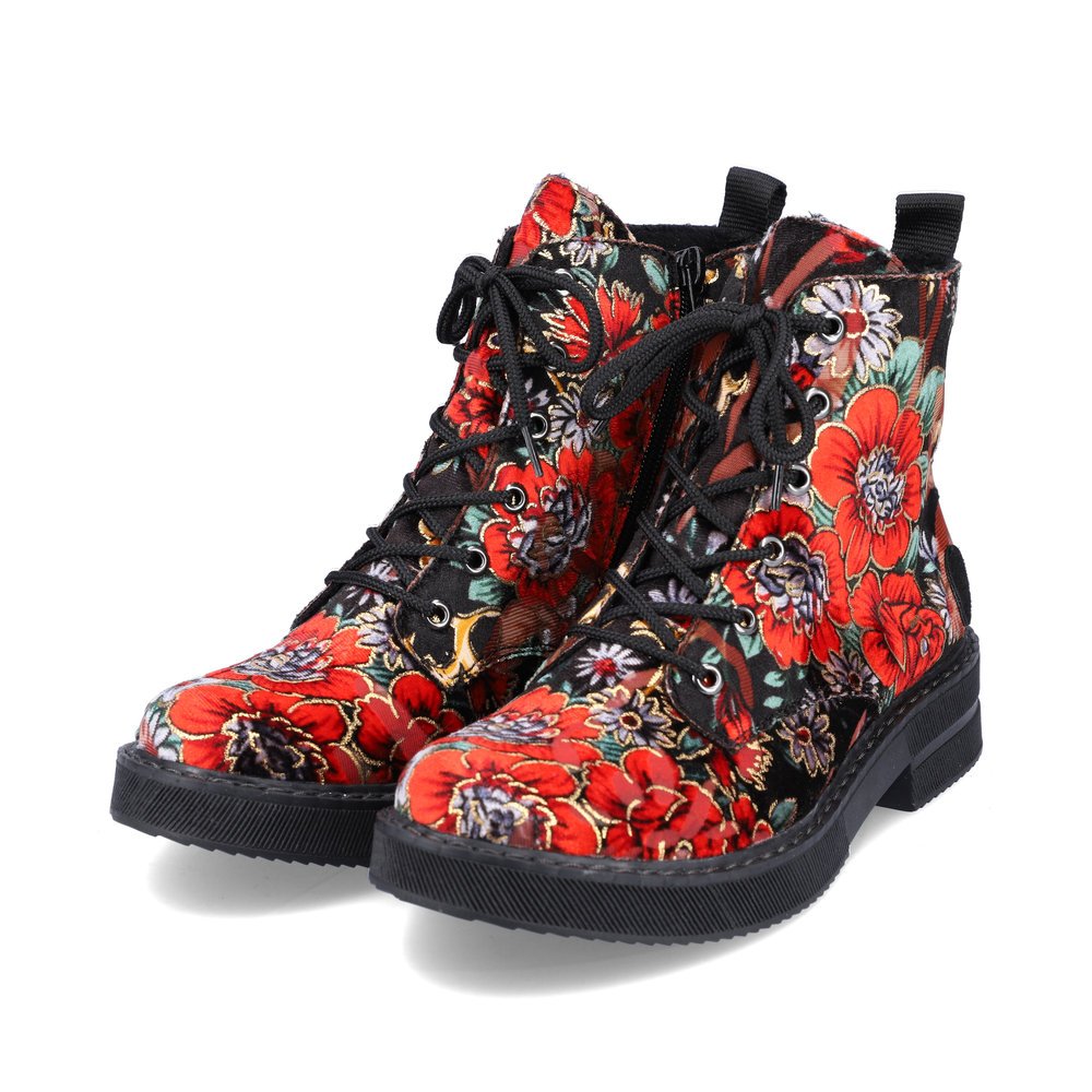 Multi-coloured Rieker women´s biker boots 72010-90 with a bright flower design. Shoes laterally.