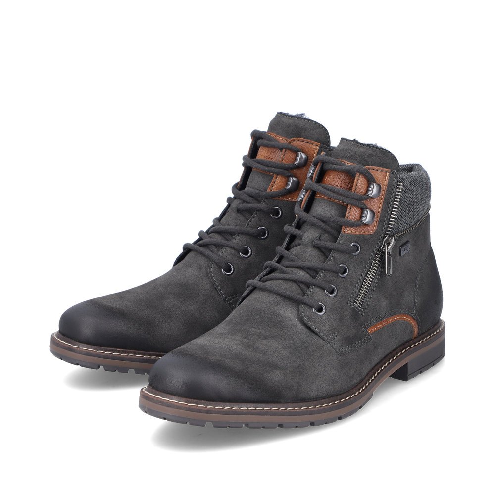 Grey Rieker men´s lace-up boots 13743-46 with RiekerTEX membrane as well as zipper. Shoes laterally.