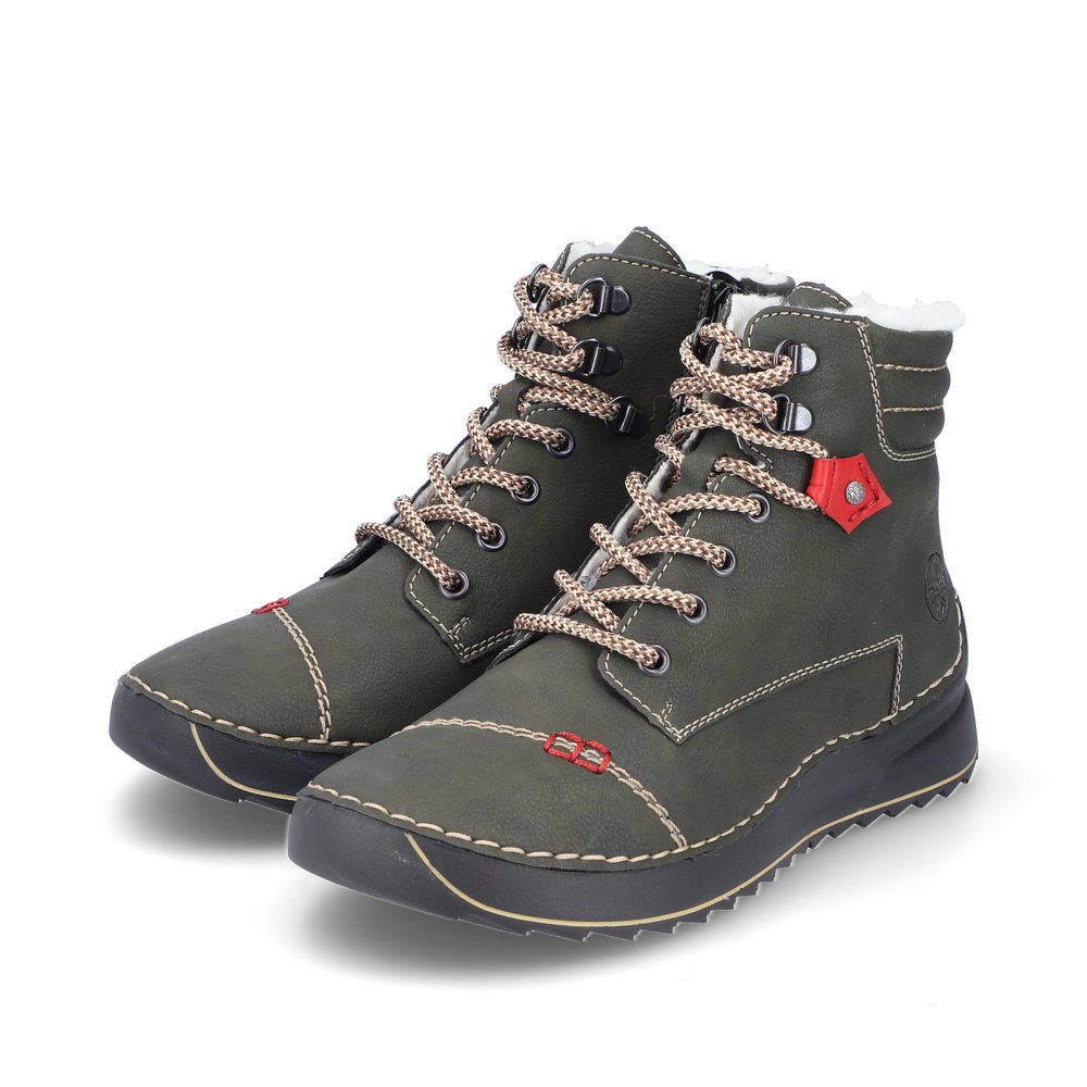 Grey-green Rieker women´s lace-up boots 51545-54 with a zipper. Shoes laterally.