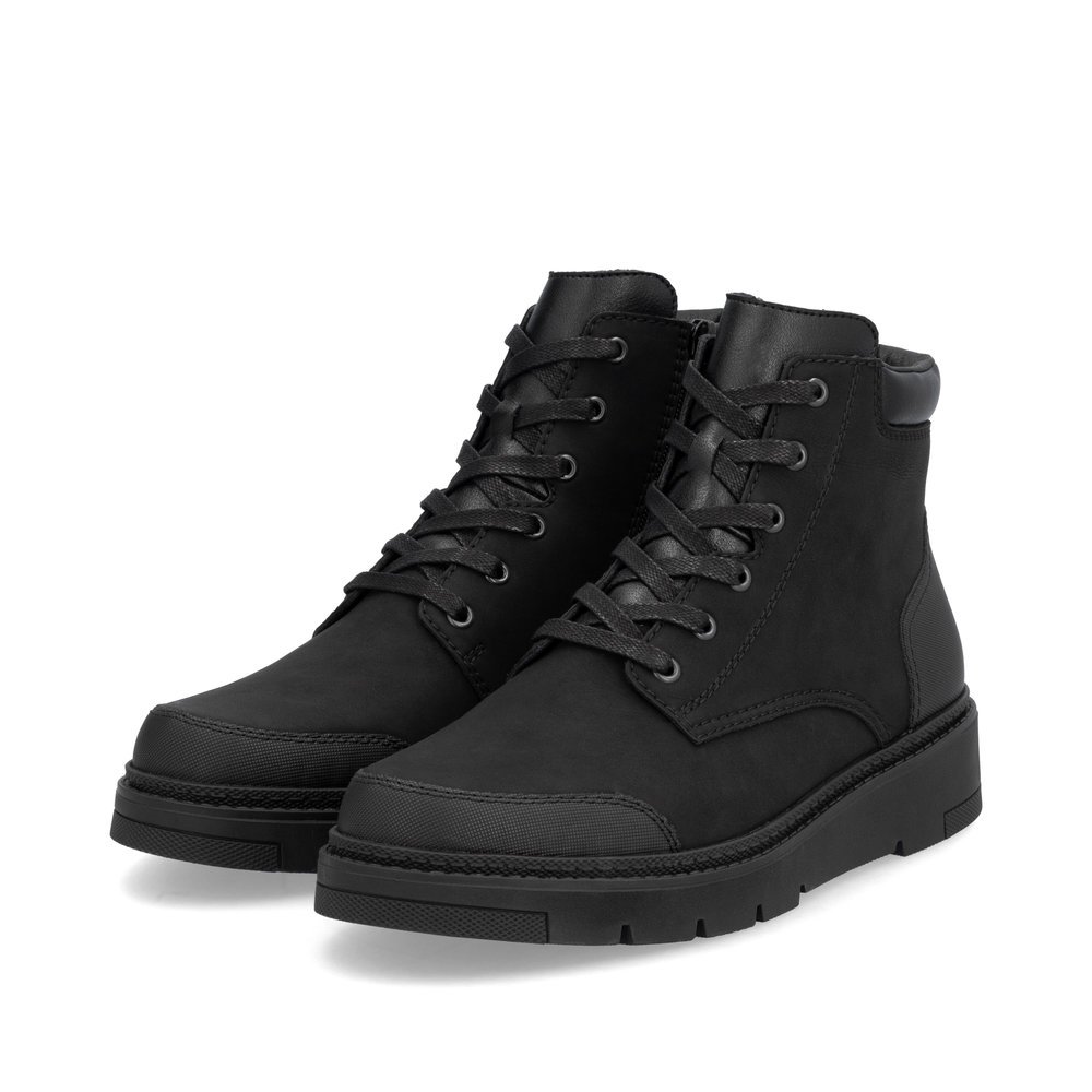 Black Rieker men´s lace-up boots 30104-00 with zipper as well as extra width H 1/2. Shoes laterally.