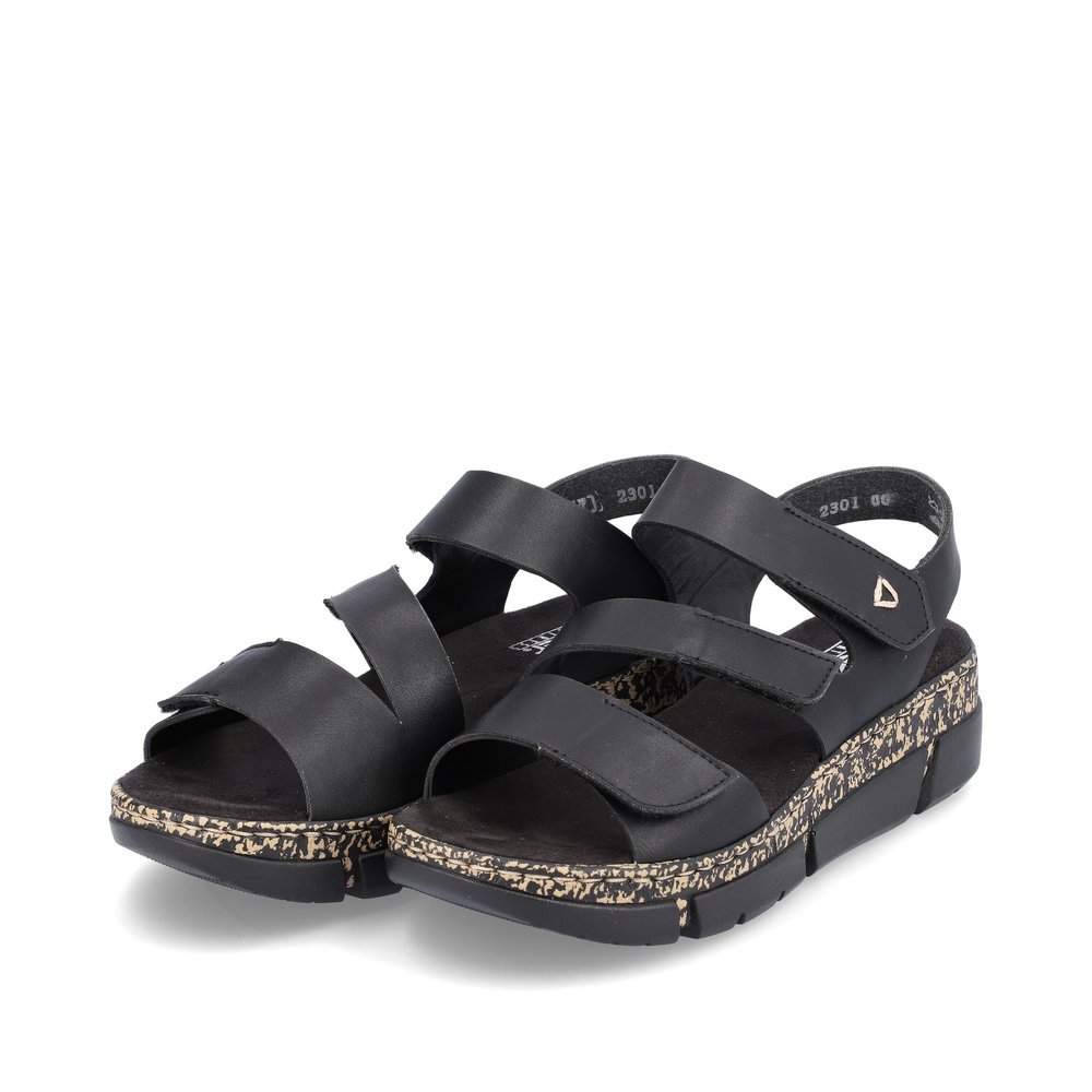 Asphalt black Rieker women´s strap sandals V2301-00 with a hook and loop fastener. Shoes laterally.