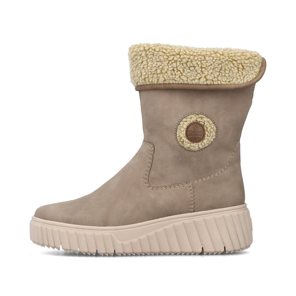 Beige Rieker Damen Kurzstiefel N2554-60 mit Schaftkragen sowie Reißverschluss. Schuh Außenseite.