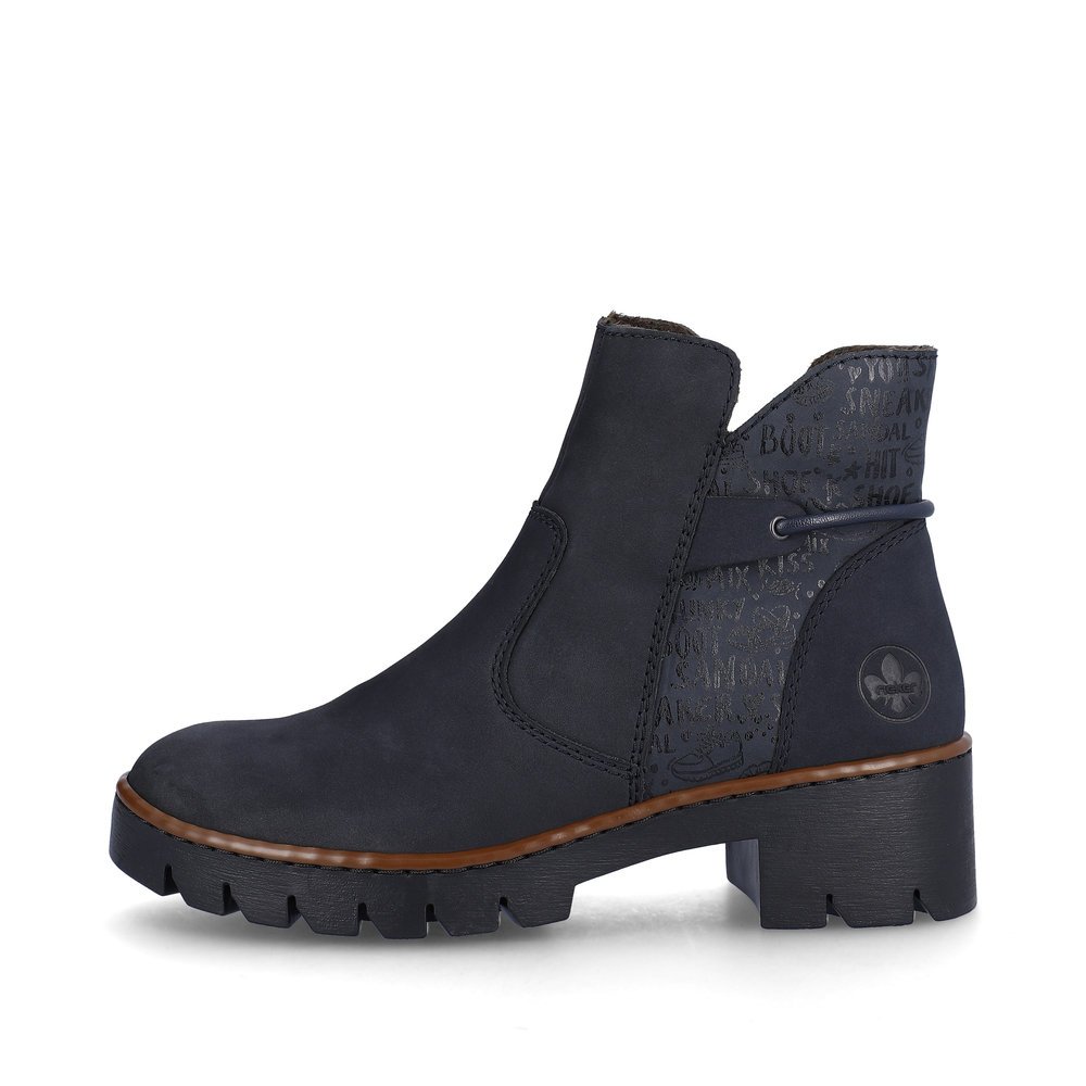 Dunkelblaue Rieker Damen Kurzstiefel X5755-14 mit einem Reißverschluss. Schuh Außenseite.