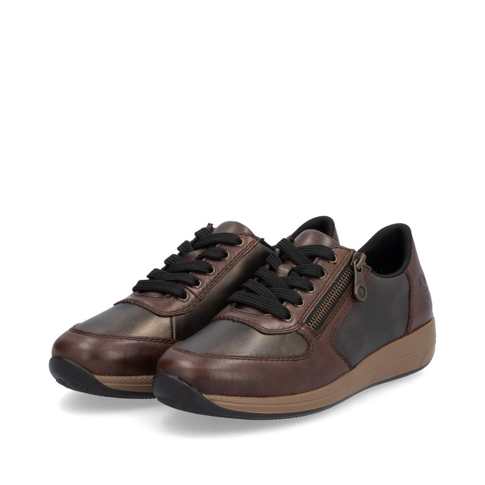 Chaussures à lacets Rieker marron femme N1112-25 avec finition bronze. Chaussures inclinées sur le côté.