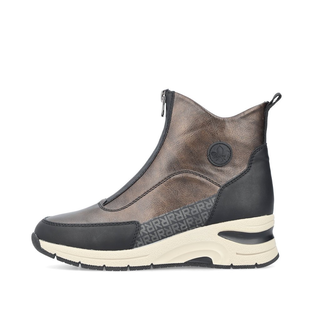 Bronze Rieker women´s ankle boots N9381-60 with metallic finish as well as a zipper. Outside of the shoe.