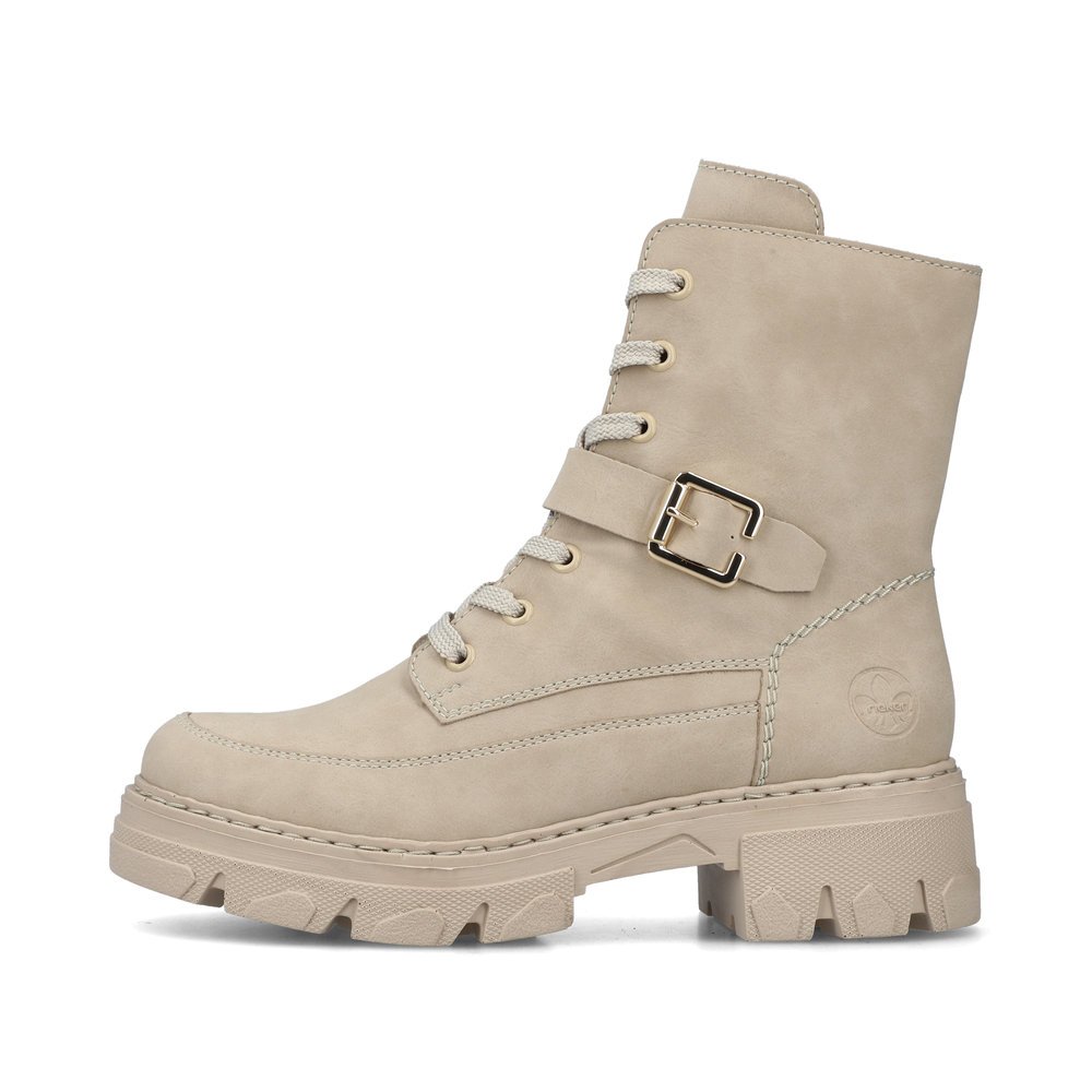 Hellbeige Rieker Damen Biker Boots 74642-62 mit einem Reißverschluss. Schuh Außenseite.