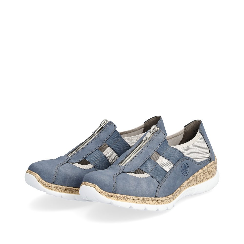 Rieker chaussons bleus femmes N4279-10 avec une fermeture éclair. Chaussures inclinée sur le côté.