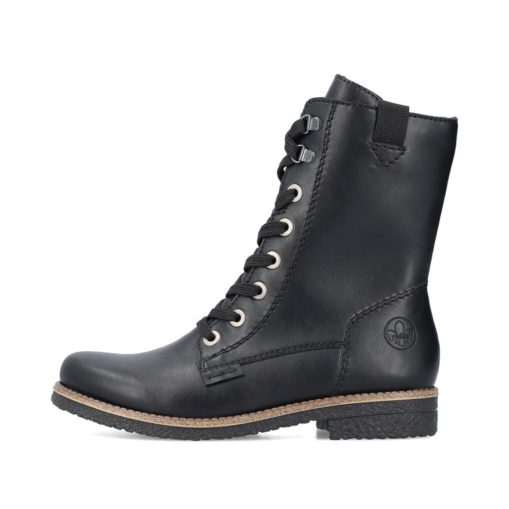 Carbon black Rieker women´s lace-up boots 73542-00 with a zipper. Outside of the shoe.