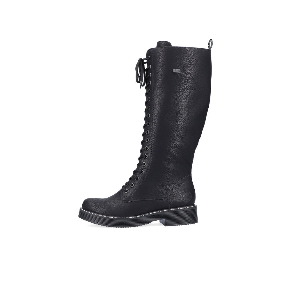 Black Rieker women´s high boots 70046-01 with RiekerTEX membrane as well as zipper. Outside of the shoe.