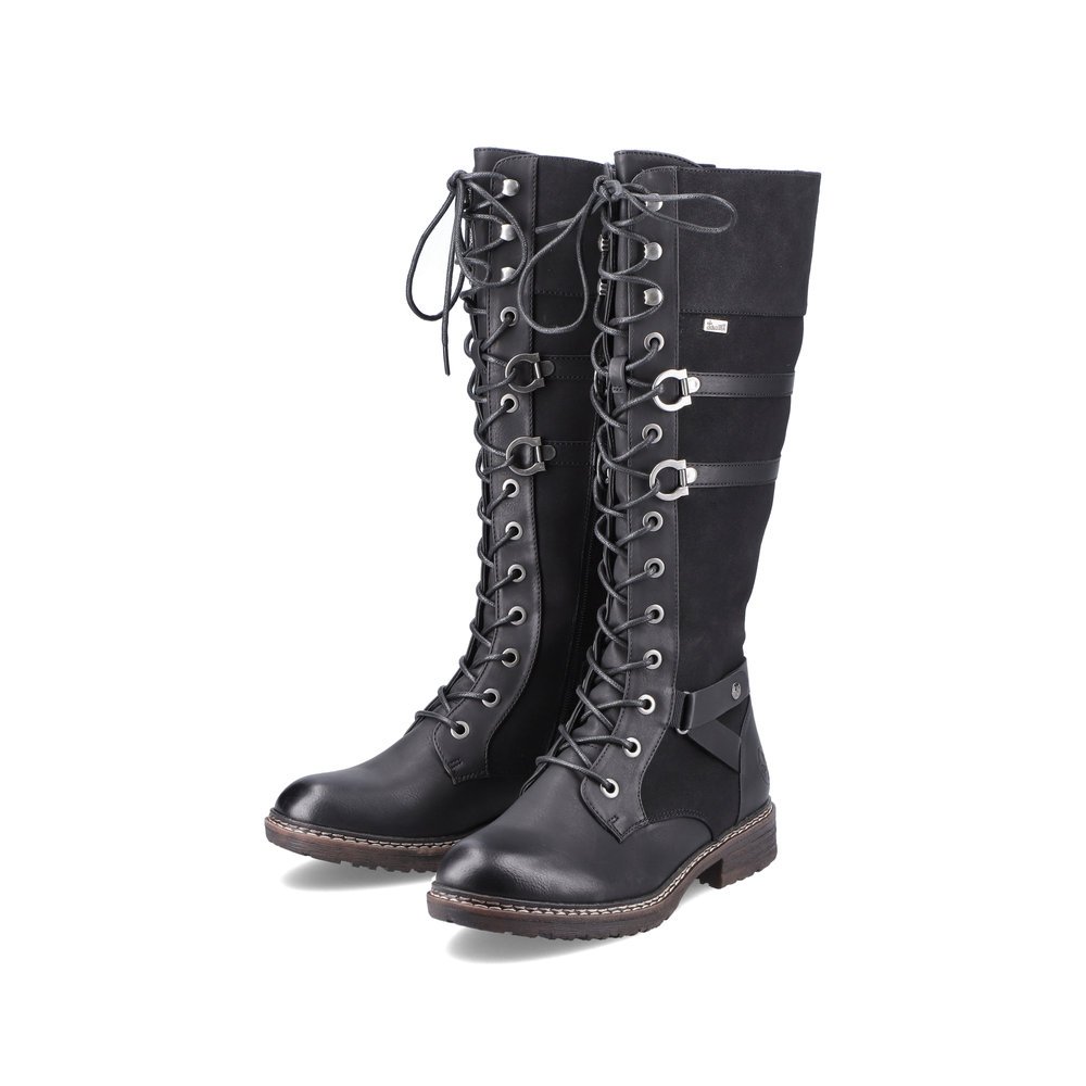 Black Rieker women´s high boots 94732-00 with RiekerTEX membrane as well as zipper. Shoes laterally.