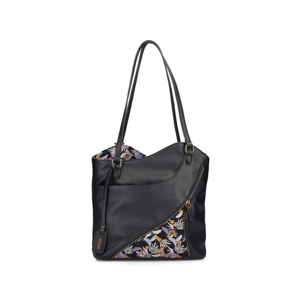 Sac à bandoulière Rieker H1025-00 noir avec un imprimé floral, une fermeture éclair et une poche pour téléphone portable. Face avant.