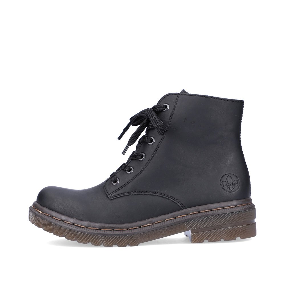 Carbon black Rieker women´s lace-up boots 78240-00 with a zipper. Outside of the shoe.