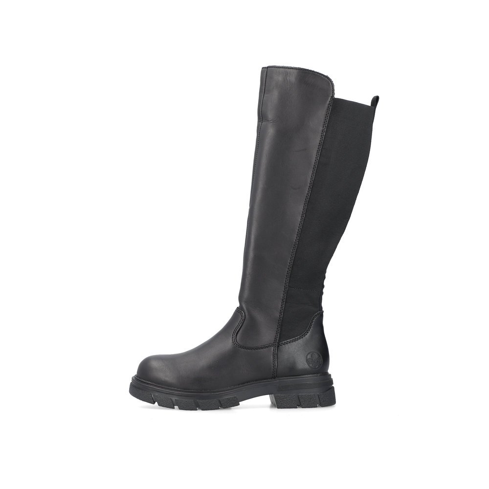 Jet black Rieker women´s high boots Z9158-00 with a zipper. Outside of the shoe.