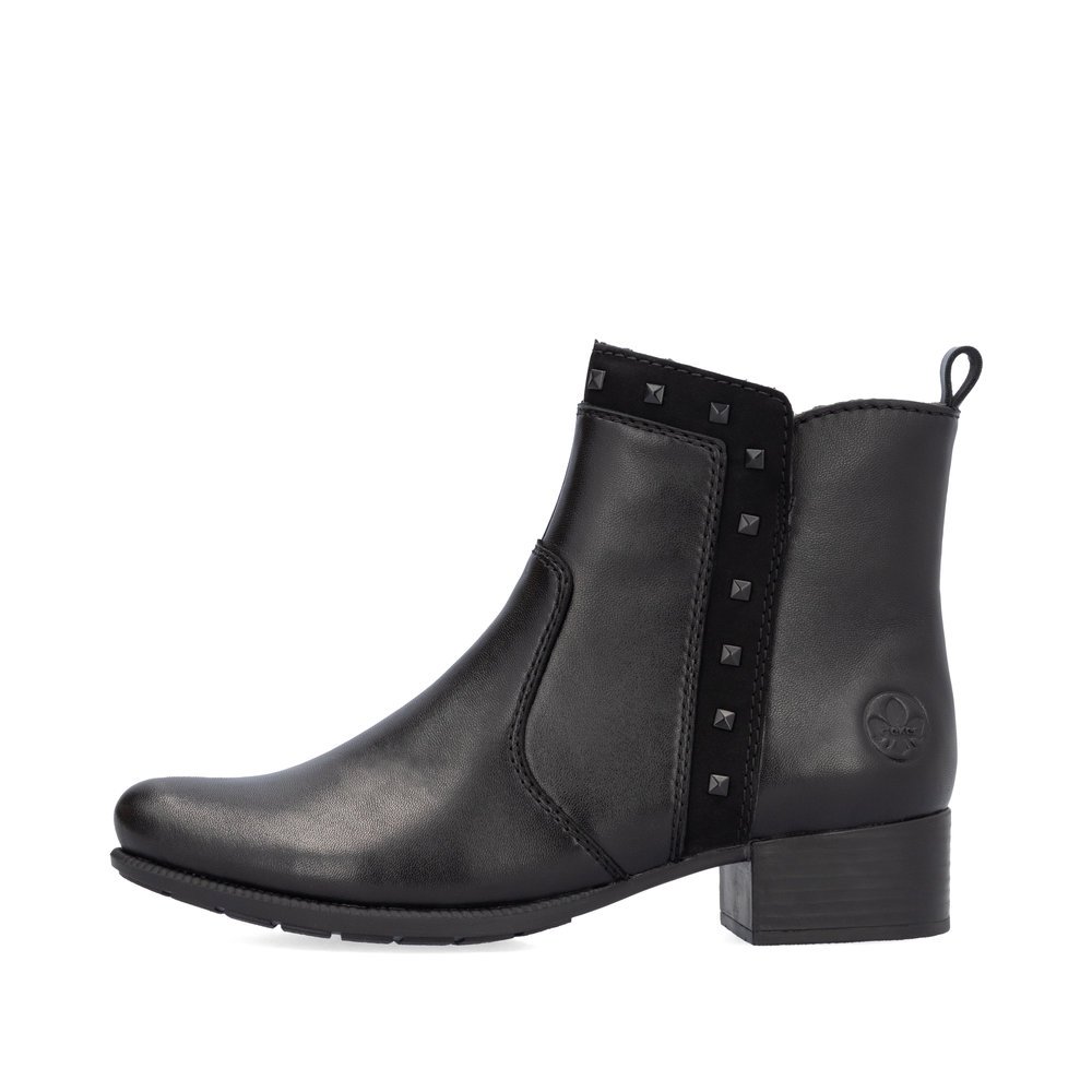 Matt black Rieker women´s ankle boots 78657-00 with a decorative rivets. Outside of the shoe.