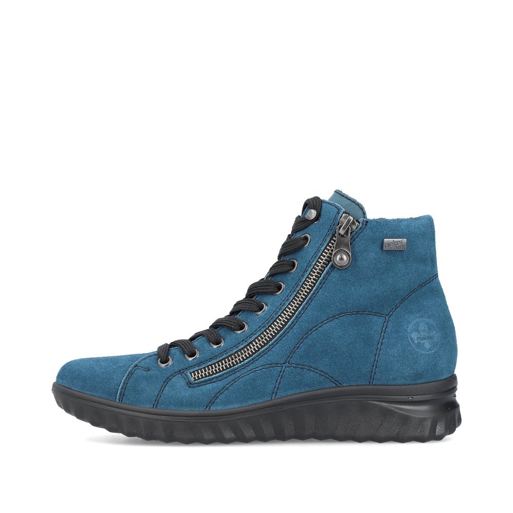 Cyan blue Rieker women´s lace-up boots 59010-12 with RiekerTEX technology. Outside of the shoe.