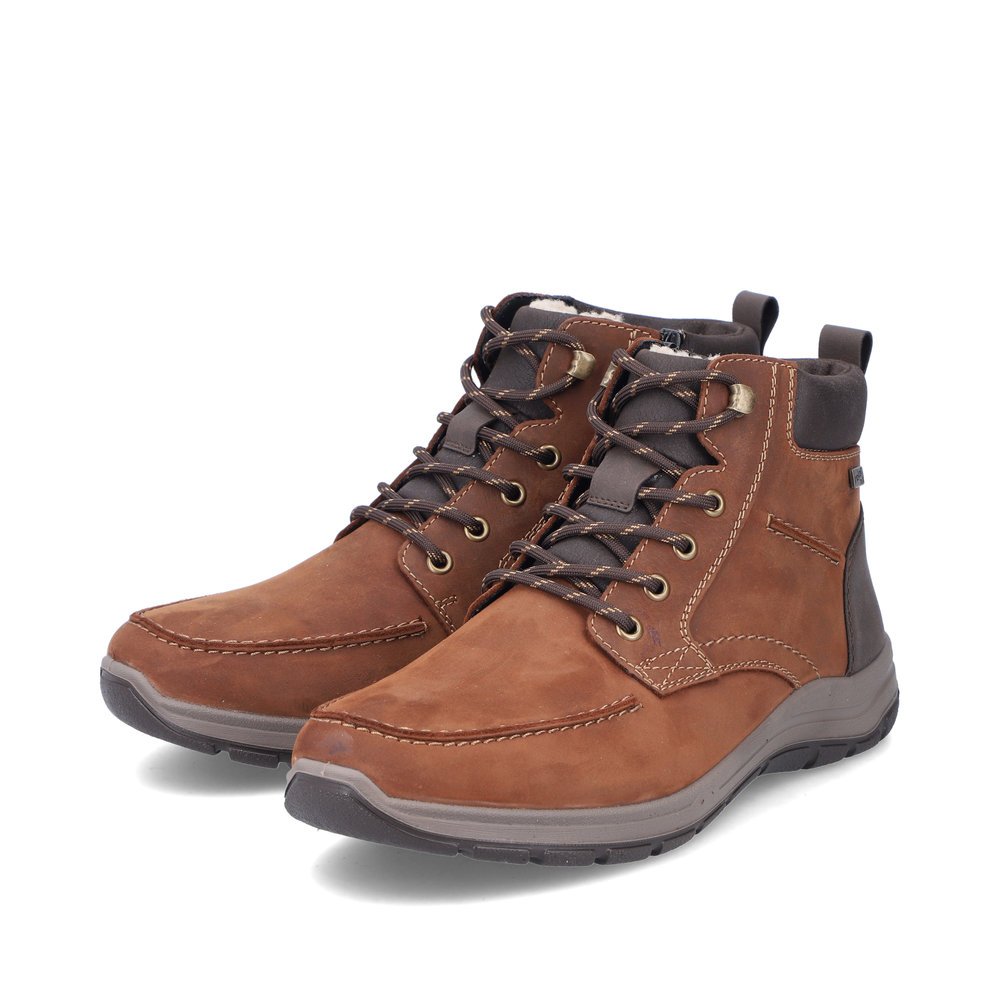 Brown Rieker men´s lace-up boots 03610-22 with RiekerTEX membrane as well as zipper. Shoes laterally.