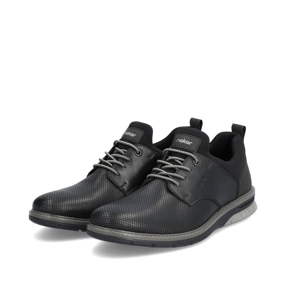 Asphalt black Rieker men´s slippers 14450-00 with an elastic lacing. Shoes laterally.
