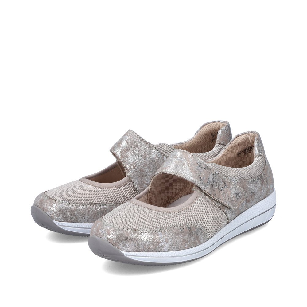 Beige Rieker women´s ballerinas N1161-90 with a hook and loop fastener. Shoes laterally.