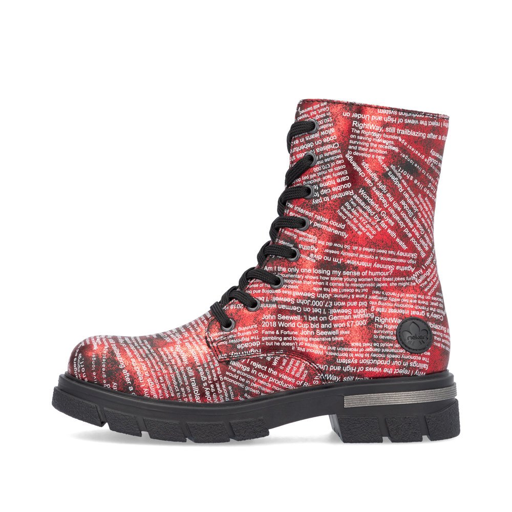 Metallic red Rieker women´s biker boots Z9120-35 with text print as well as zipper. Outside of the shoe.