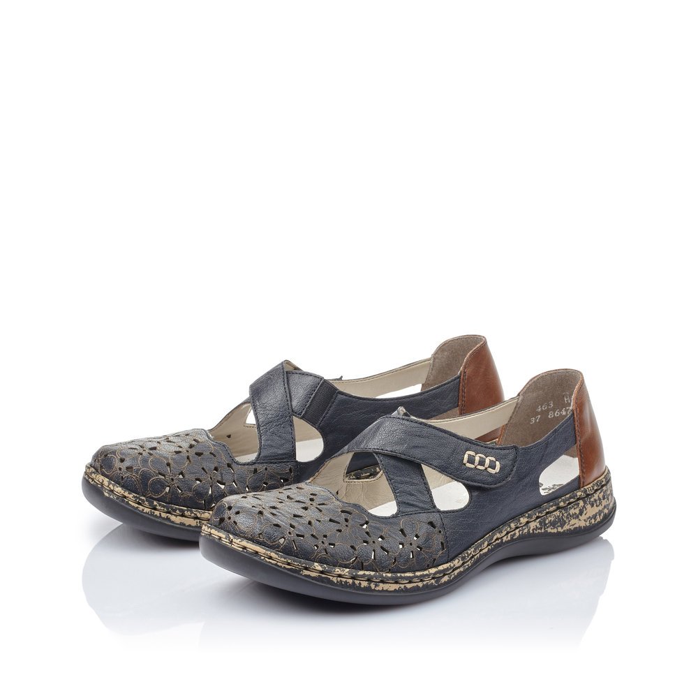 Ocean blue Rieker women´s ballerinas 463H4-14 with a hook and loop fastener. Shoes laterally.