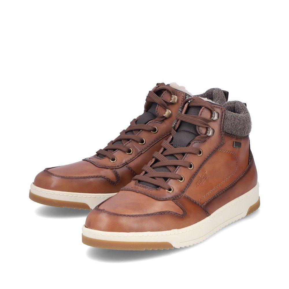 Fox brown Rieker men´s high-top sneakers 17530-24 with RiekerTEX technology. Shoes laterally.