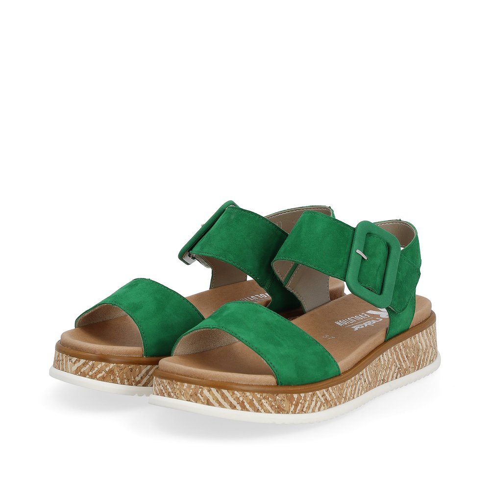 Green Rieker women´s strap sandals W0800-52 with a cushioning platform sole. Shoes laterally.