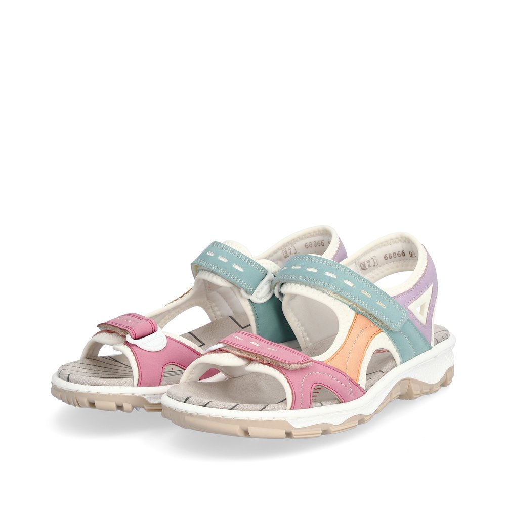 White Rieker women´s hiking sandals 68866-92 with a hook and loop fastener. Shoes laterally.