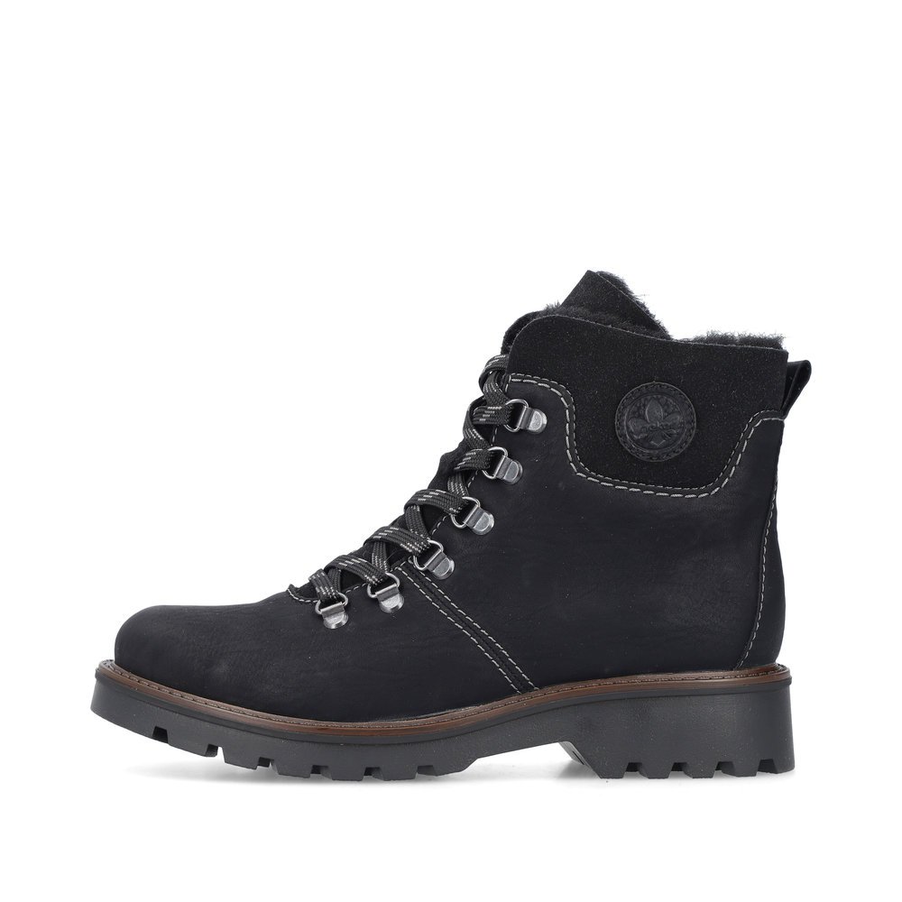 Midnight black Rieker women´s lace-up boots 73232-00 with a zipper. Outside of the shoe.