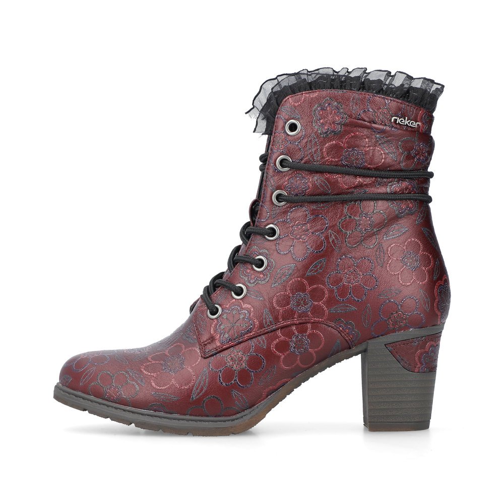 Bottes à lacets Rieker rouges pour femme 96030-35 avec fermeture éclair. Côté extérieur de la chaussure.