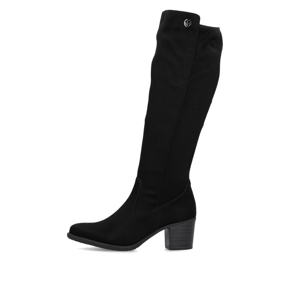 Midnight black Rieker women´s high boots Y2050-01 with a zipper. Outside of the shoe.