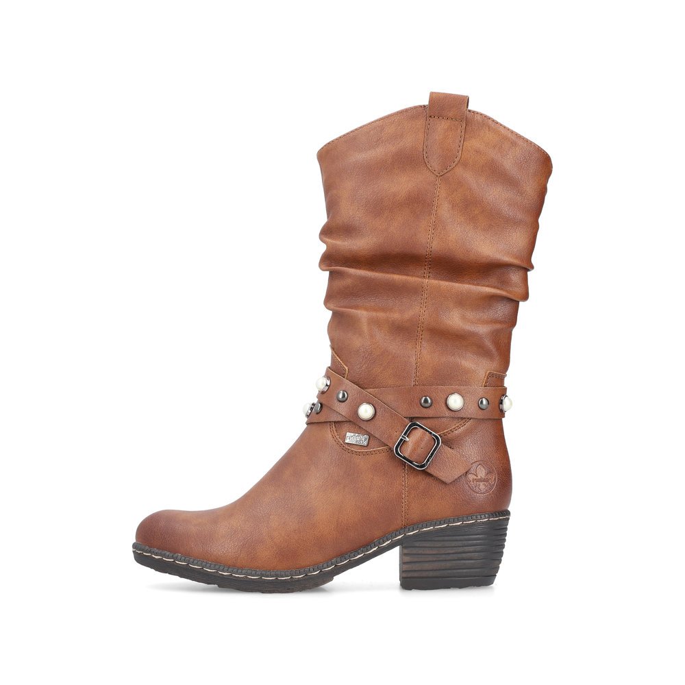 Caramel brown Rieker women´s ankle boots 93776-24 with RiekerTEX technology. Outside of the shoe.