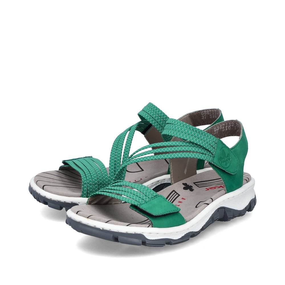 Grass green Rieker women´s hiking sandals 68871-52 with a hook and loop fastener. Shoes laterally.