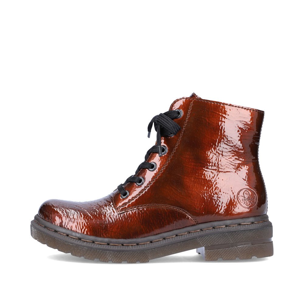 Metallic brown Rieker women´s lace-up boots 78240-25 with a zipper. Outside of the shoe.