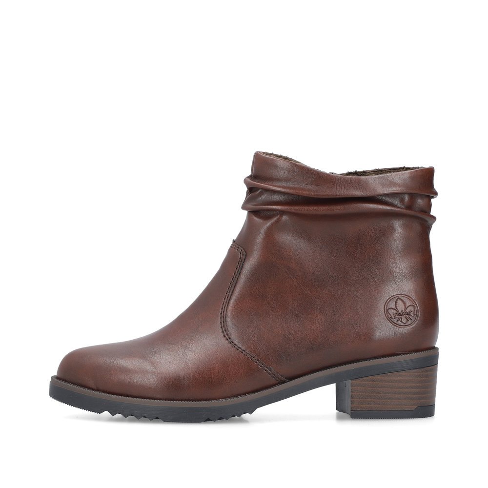 Schokobraune Rieker Damen Stiefeletten Y0551-25 mit einem Reißverschluss. Schuh Außenseite.