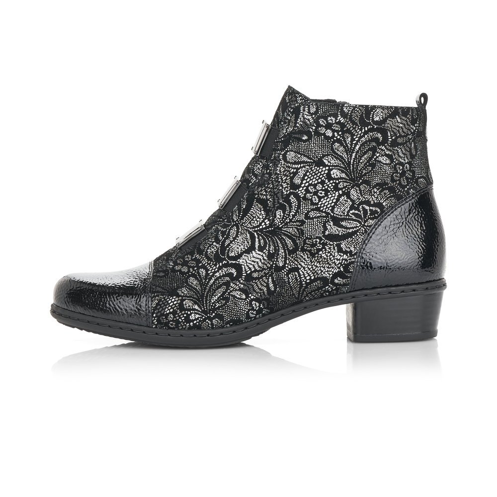 Bottines Rieker noires pour femme Y07C9-00 avec motif fleur. Côté extérieur de la chaussure.