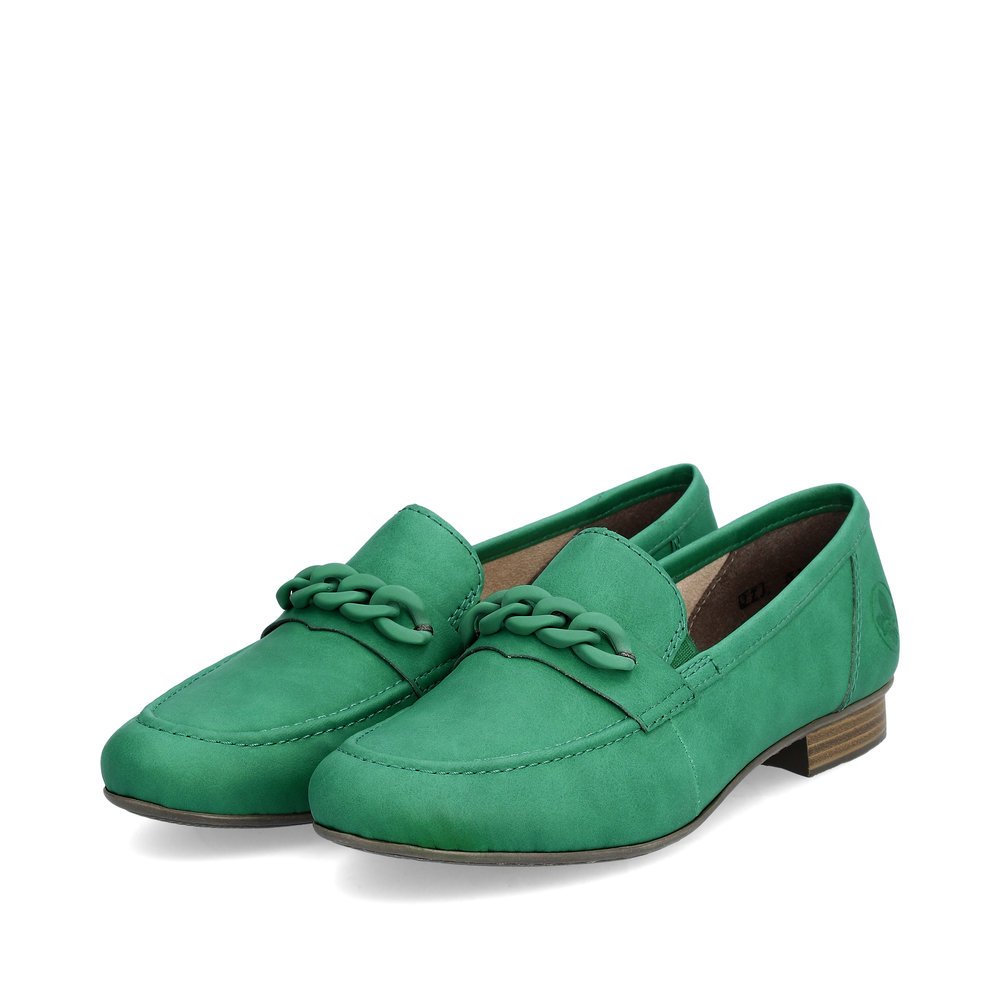 Green Rieker women´s loafers 51999-52 with elastic insert as well as stylish chain. Shoes laterally.