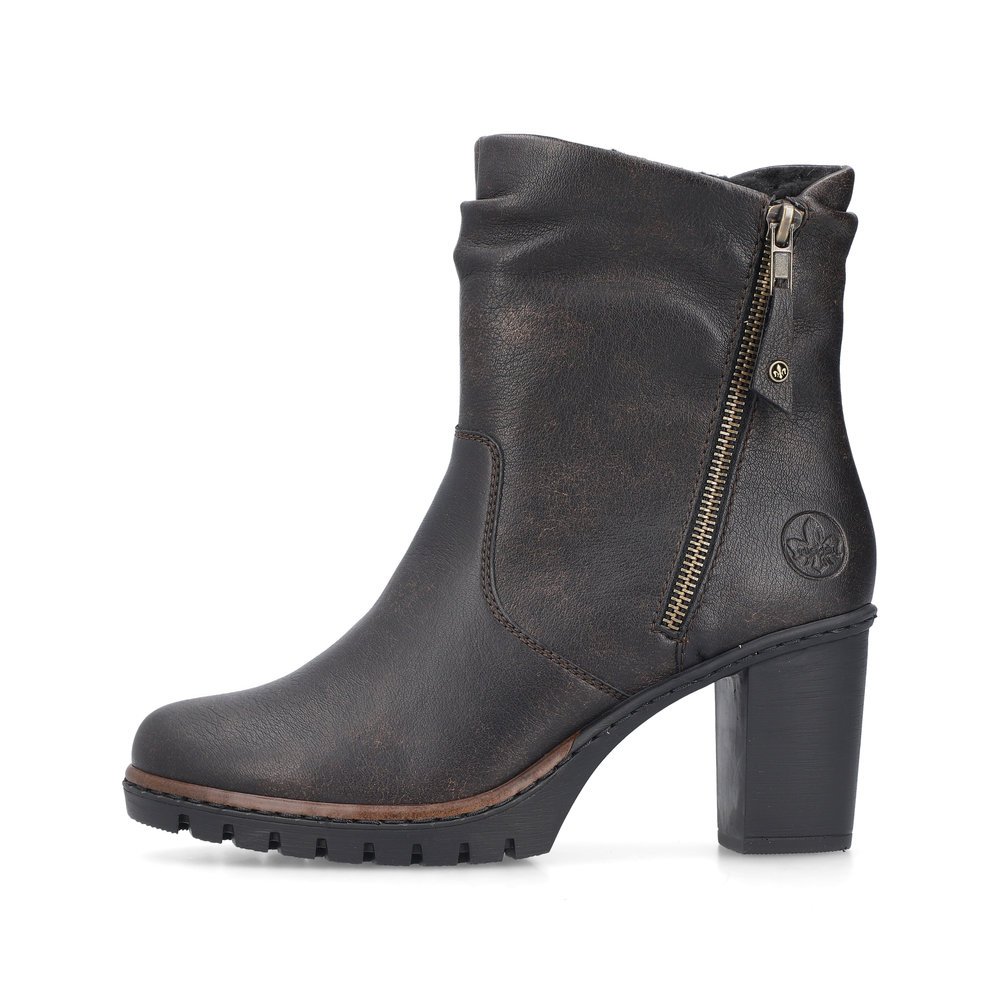 Schwarzbraune Rieker Damen Stiefeletten Y2595-25 mit einem Reißverschluss. Schuh Außenseite.